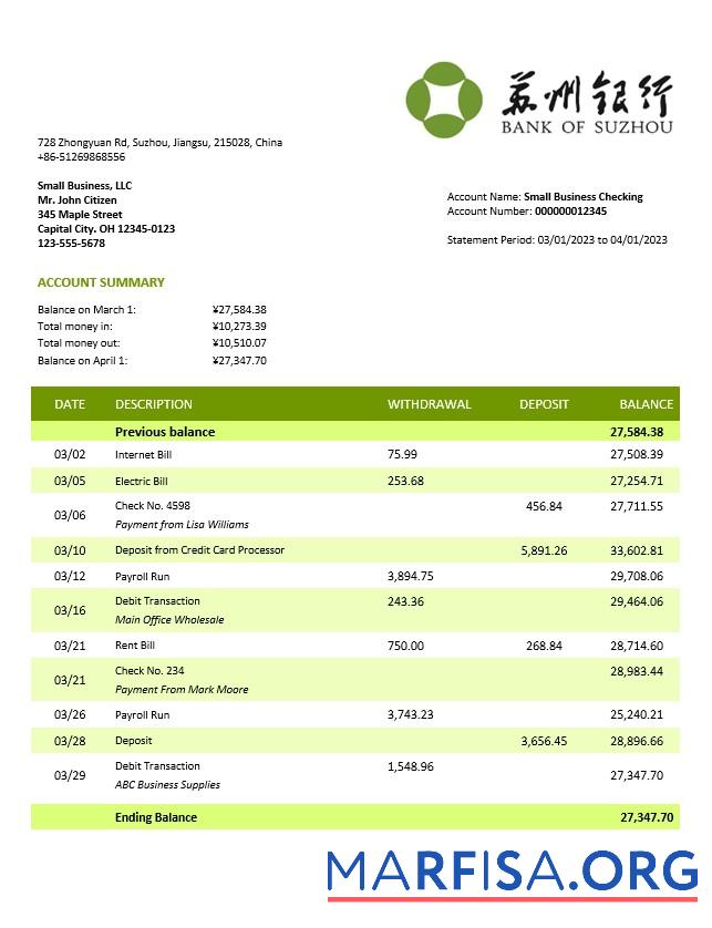 Printable Bank of Suzhou firm account statement Word and PDF template
